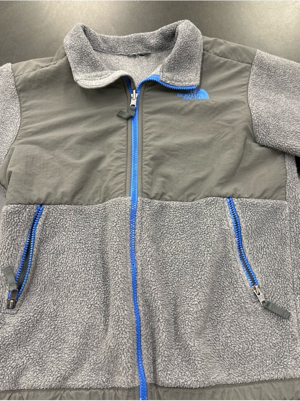 The North Face Gray Sherpa Jacket with Bright Blue Accents